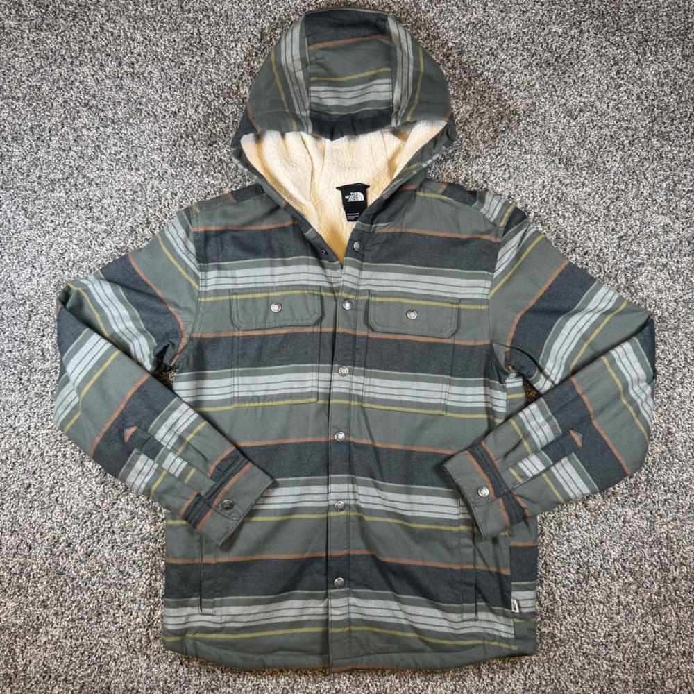 North Face Mens Small Hooded Campshire Shirt Jacket Green Striped Sherpa Shacket